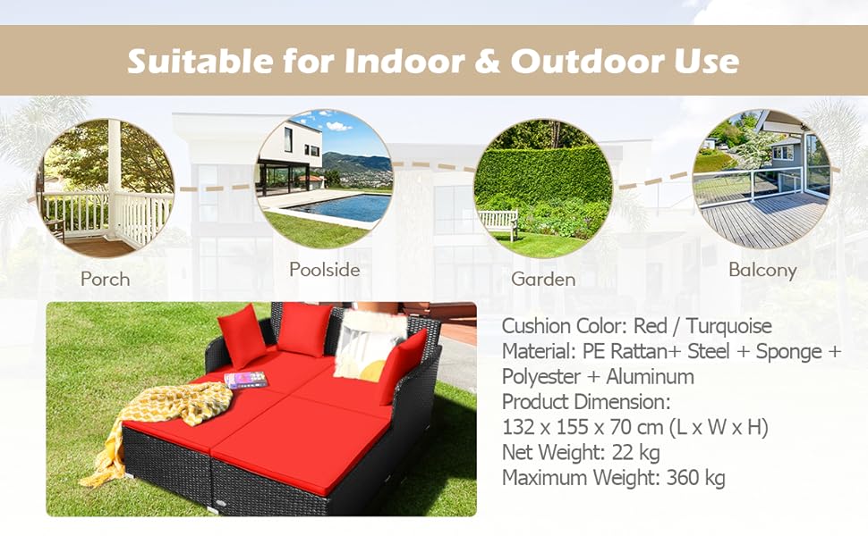 COSTWAY Outdoor Rattan Daybed, Patio Sofa Bed Sun Lounger Couch With Upholstered Cushions, Wicker Weave Loveseat Conversation Furniture Set For Garden Yard And Poolside (Red) 17 5