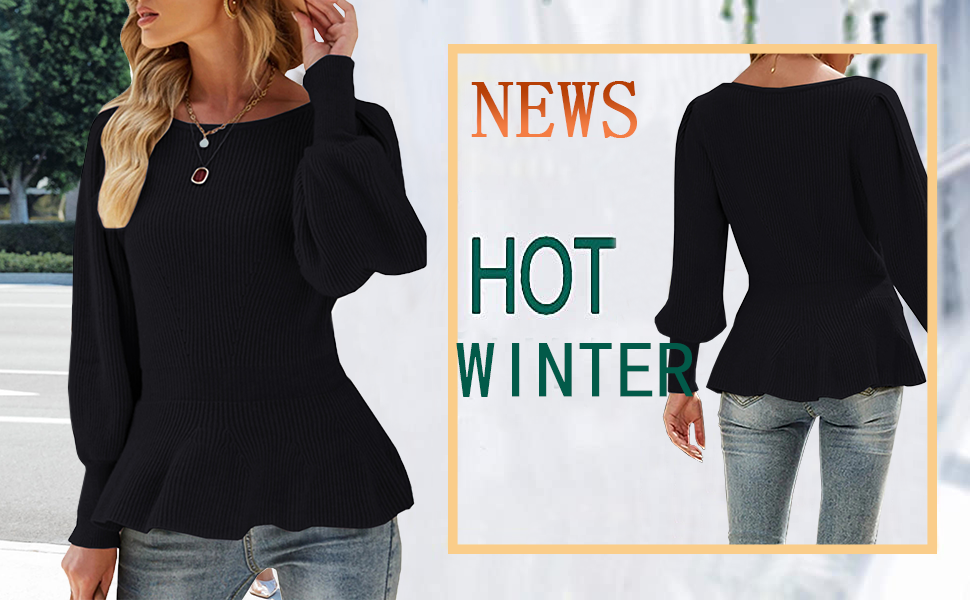 Womens Fall Puff Sleeve Peplum Casual Slim Fit Knit Pullover