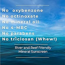 Picture of blue ocean meeting blue sky &#34;No oxybenzone, paraben, river and reef Friendly&#34;