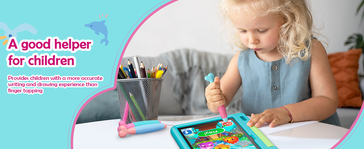 Child using colorful drawing board with text overlay: 'A good helper for children'. Blue background with curved white section.