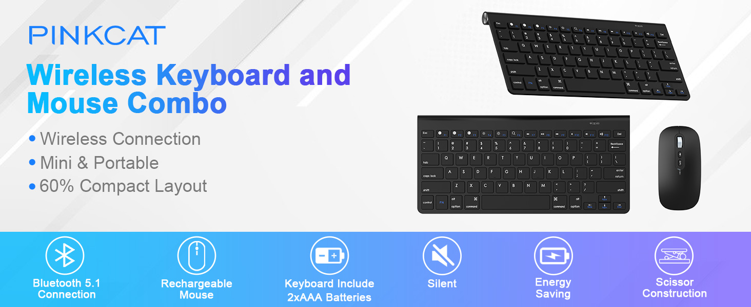 PINKCAT Wireless Bluetooth Keyboard and Mouse, Mini Rechargeable