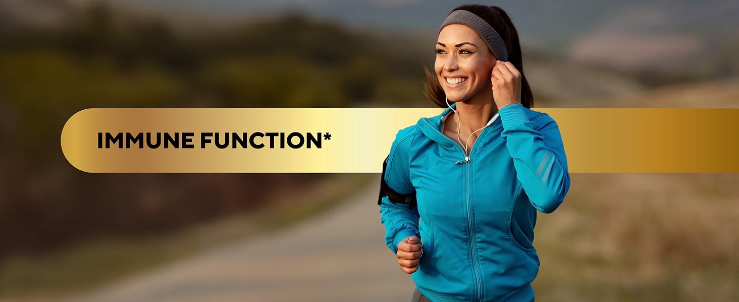 Woman in Blue top and Gray headband on a Arun outside with immune support background text