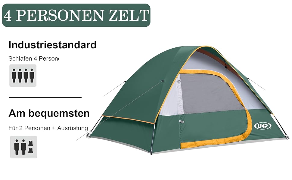 Der Text lautet '4 PERSONEN ZELT'. Grünes Campingzelt mit orangefarbenen Akzenten, die aus mehreren Blickwinkeln dargestellt werden. Das Feld mit den Produktspezifikationen zeigt Kapazitätssymbole und Bewertungsinformationen.