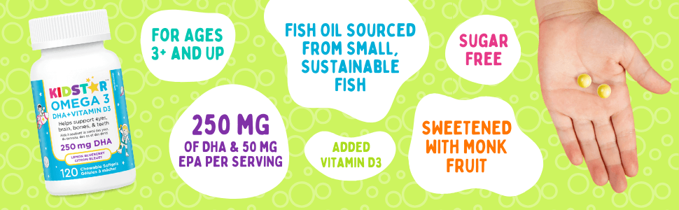 KidStar Omega 3, for ages 3+, two softgels in palm of child's hand