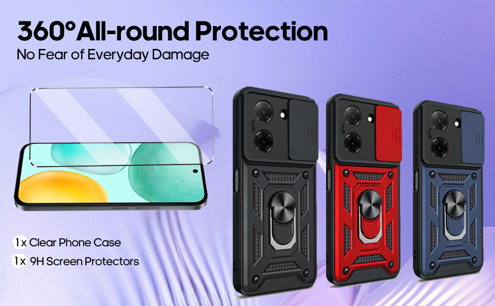 Text reads '360° All-round Protection' and 'No Fear of Everyday Damage'. Product showcase displaying multiple phone cases in red, black and gray colors with protective features illustrated.