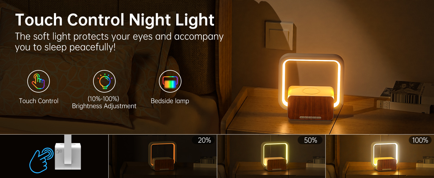 con control táctil con tres ajustes de brillo (20%, 50%, 100%), con un diseño de marco rectangular iluminado con iluminación cálida