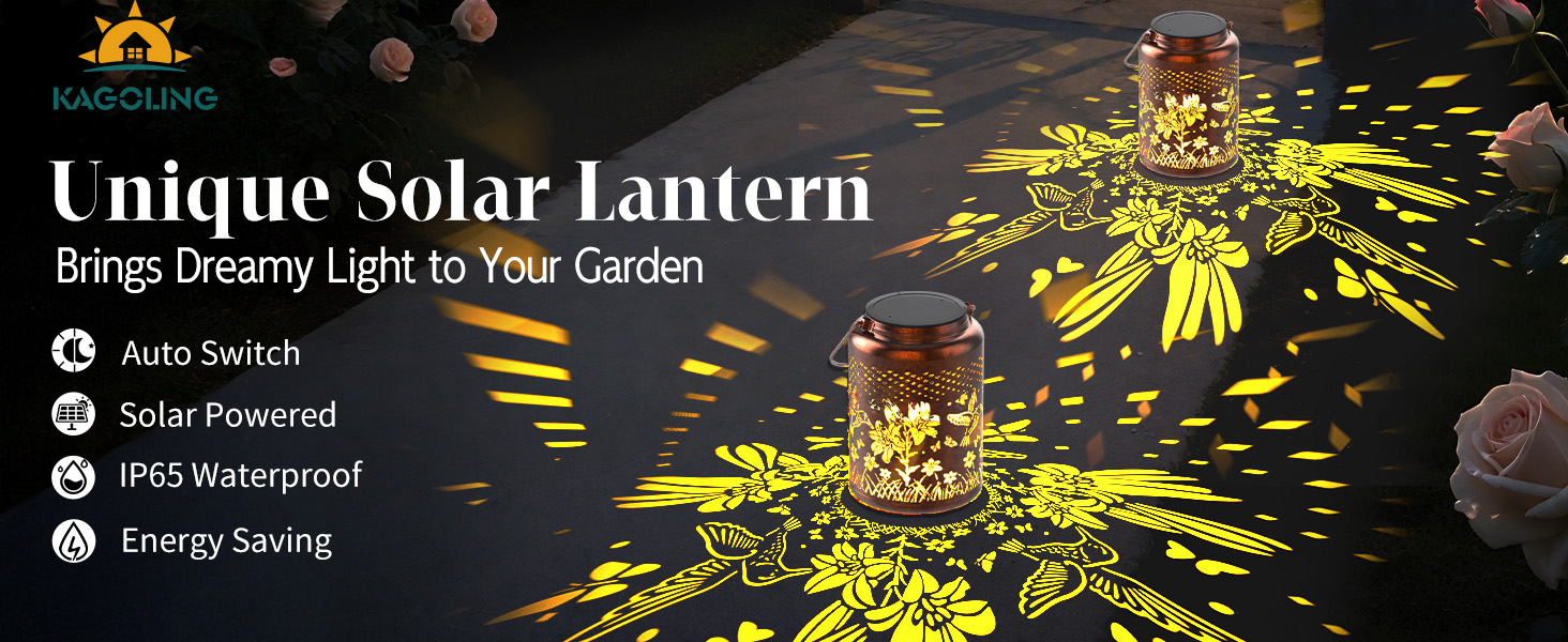 Text reads 'Unique Solar Lantern' with bullet points indicating 'Solar Powered' and 'Eco Friendly'. Image shows glowing decorative lights against a dark background.