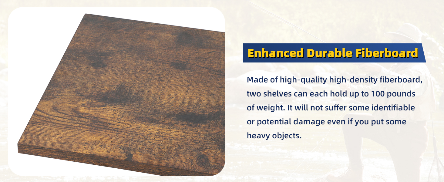 Enhanced durable fiberboard shelf with wood-grain appearance. Text indicates high-quality, high-density material capable of holding up to 100 pounds per shelf.