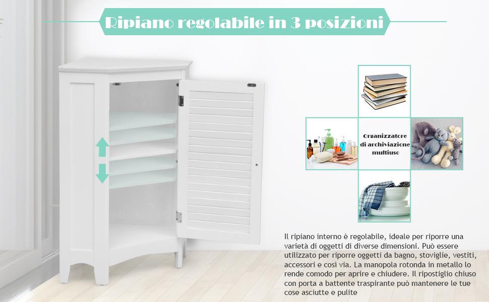 COSTWAY Armadietto Angolare In Legno A 3 Ripiani, Per Bagno Cucina E Salotto, Bianco 63,5 X 44,5 X 81 Cm 14 1