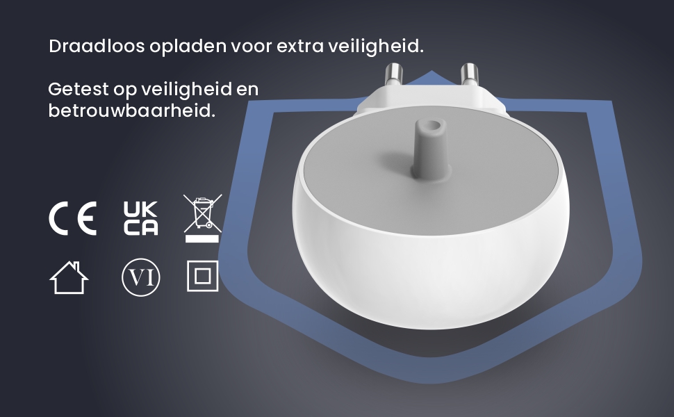 روی متن نوشته شده است «شارژ بیسیم برای ایمنی بیشتر.» نمادهای صدور گواهینامه محصول، از جمله نشانهای CE و UK، در یک پسزمینه تیره با نور پسزمینه آبی نمایش داده میشوند.