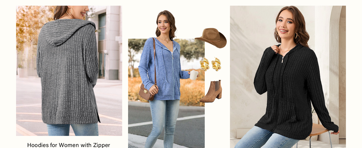 Three hooded sweaters for women shown on models: gray, blue, and black. Features include zipper closures and relaxed fits suitable for casual wear.