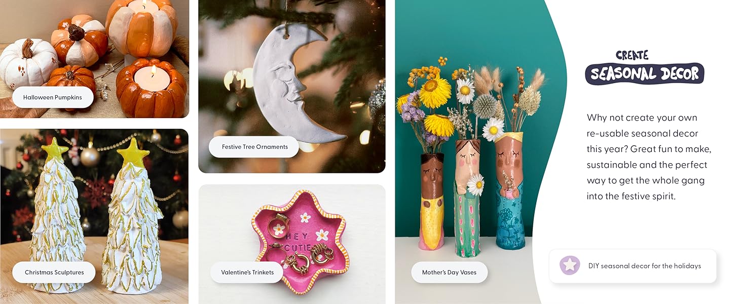 Craft seasonal decor from air dry clay using sculpd pottery kit christmas valentines halloween