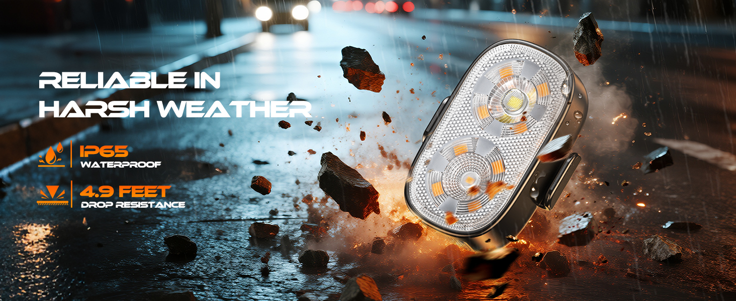 Text reads 'RELIABLE IN HARSH WEATHER'. Product advertisement showing device breaking through surface with dramatic lighting effects.