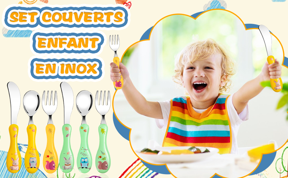 6 Pièces Set de Couverts Enfant, 2 x Couteaux, 2 x Fourchettes, 2