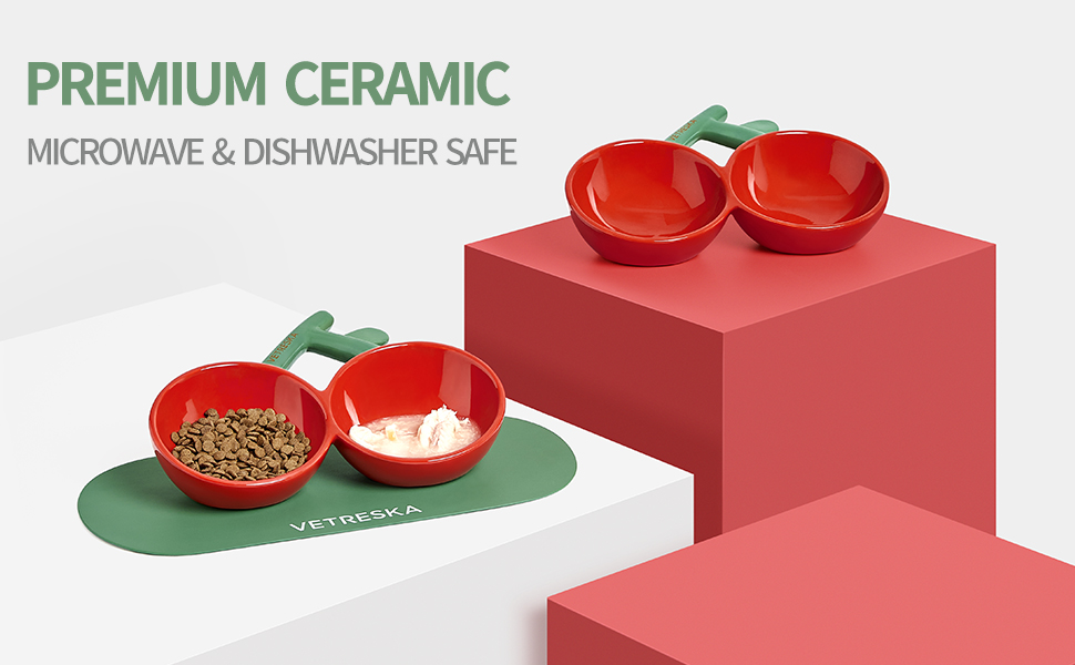 Double Porcelain Pet Fedding Bowl with Non-Skid PU Mat, Kitty Puppy Dish No Spill Anti Vomiting