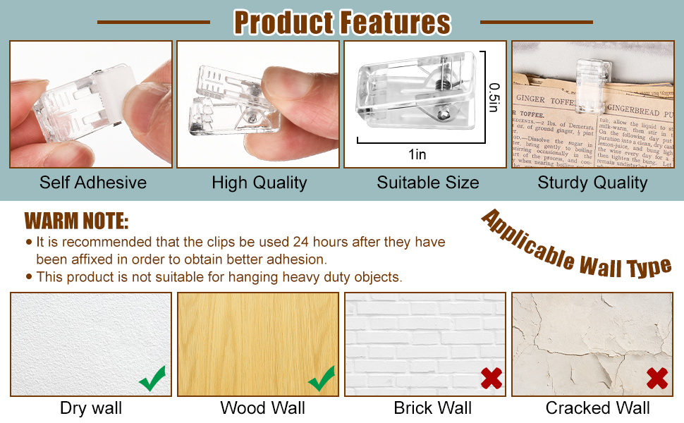 Wall Hanging Clips, 40Pcs SelfAdhesive Wall Clips for
