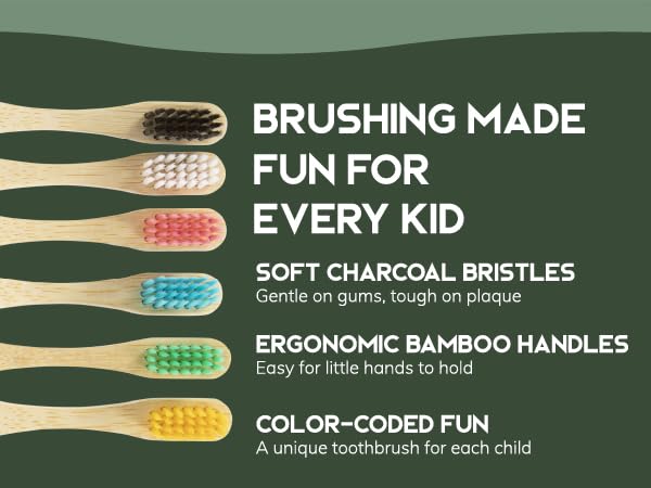 Greenzla Kids Bamboo Tootbrushes Organic Sustainable Dental Care Ergonomic Soft Charcoal Bristles