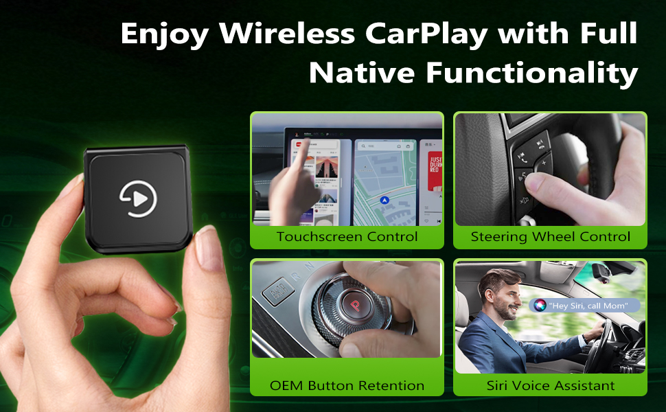 Text reads 'Enjoy Wireless CarPlay with Full Native Functionality'. Series of images showing car interior interface and hands interacting with vehicle controls and smartphone connectivity features.