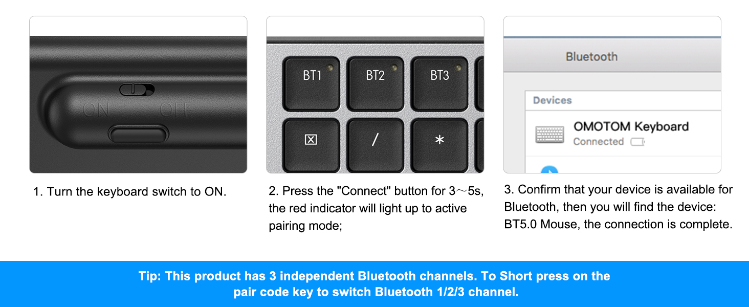 Instructions for connecting a Bluetooth keyboard. Shows power switch, connection button, and device selection screen. Blue bar indicates compatibility with iOS devices.