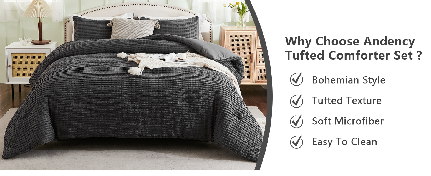 Andency Dark Grey Comforter Set Queen Size, 3 Pieces Tufted
