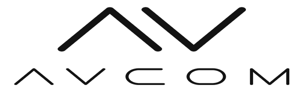 Black logo design featuring stylized letters 'AV' above the text 'AVCOM', all in a minimalist geometric style with straight lines and angles.