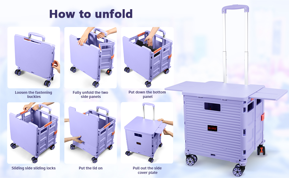 Foldable Utility Cart Portable Crate Rolling Dolly With Telescopic Handle,Can Be Pulled Diagonally, Magnetic Retractable