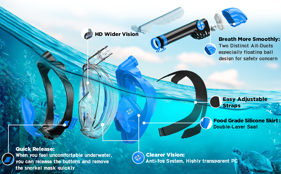 ORSUCCDE Full Face Snorkel Masks for Adults and Kids Snorkeling Gear HD Wide View Snorkel Set
