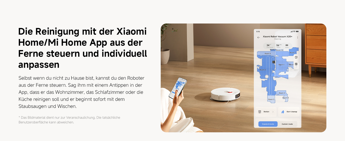 Der Text lautet „Die Reinigung mit der Xiaomi Home/Mi Home App aus der Ferne steuern und individuell anpassen“. Zeigt die Oberfläche der Smartphone-App und den Roboterstaubsauger an.