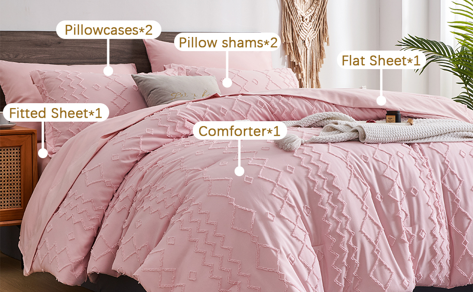FLYMME Pink Tufted Twin Comforter Set Bed in a Bag 7 Piece