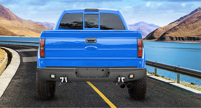 2009-2014 Ford F150 Rear Step Bumper Full Width Textured Black Solid Steel Offroad with 2Pcs Upgraded 18W LED Lights D-Rings