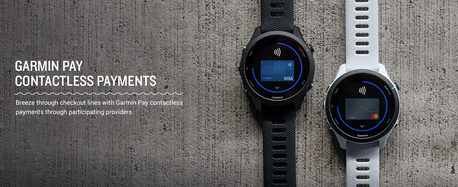 Two Forerunner 255 Music smartwatches with black and white straps displaying contactless payment feature with a VISA card on a textured surface.