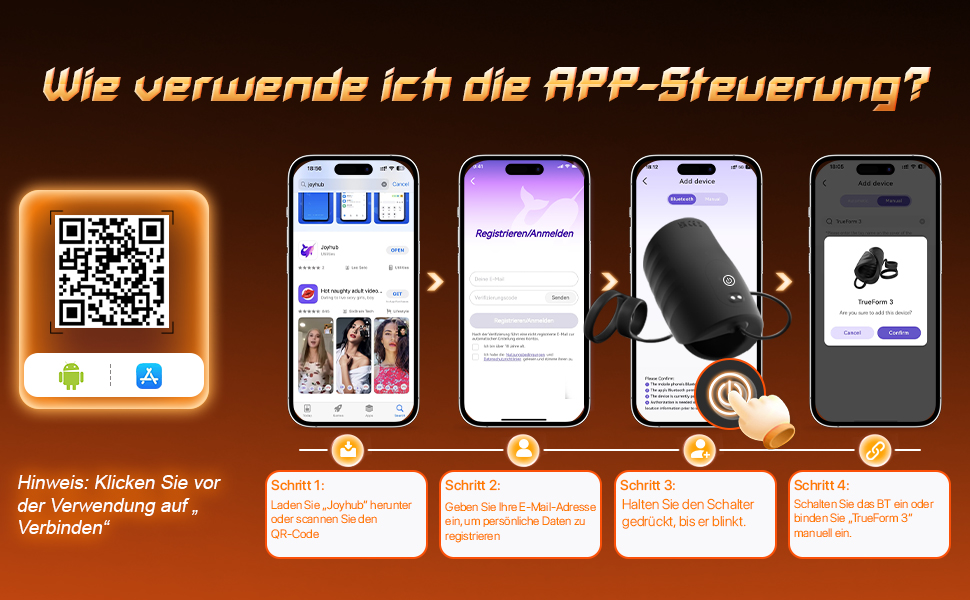 Text lautet 'Wie verwende ich die APP-Steuerung? ' Schrittweise Demonstration der Benutzeroberfläche der mobilen App mit verschiedenen Bildschirmen und QR-Codes auf braunem Hintergrund.