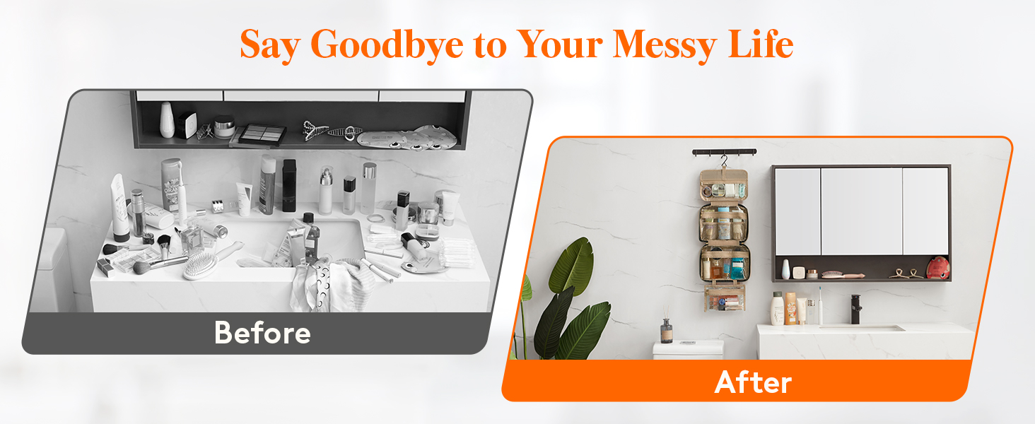 Before and after comparison of home organization. Cluttered bathroom countertop transformed into a minimalist setup with mounted storage and plants.