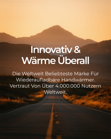 Der Text lautet „Innovativ & Warme insgesamt“. Wüstenstraße, die sich bei Sonnenuntergang mit warmem orangefarbenem Himmel in Richtung Berge erstreckt.