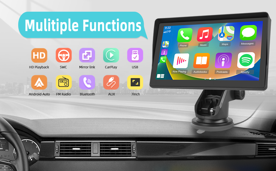7 Inch Protable Apple Carplay Car Screen, Wireless Android Auto Dash Mount, Car GPS