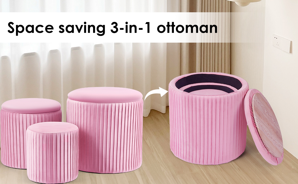 Ottoman with Storage. Velvet Round Storage Ottoman Set of 3 Multifunctional Upholstered Vanity Stool