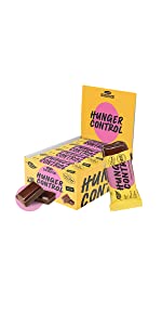 hunger control protein bar package with 2 pieces of chocolate and one protein bar