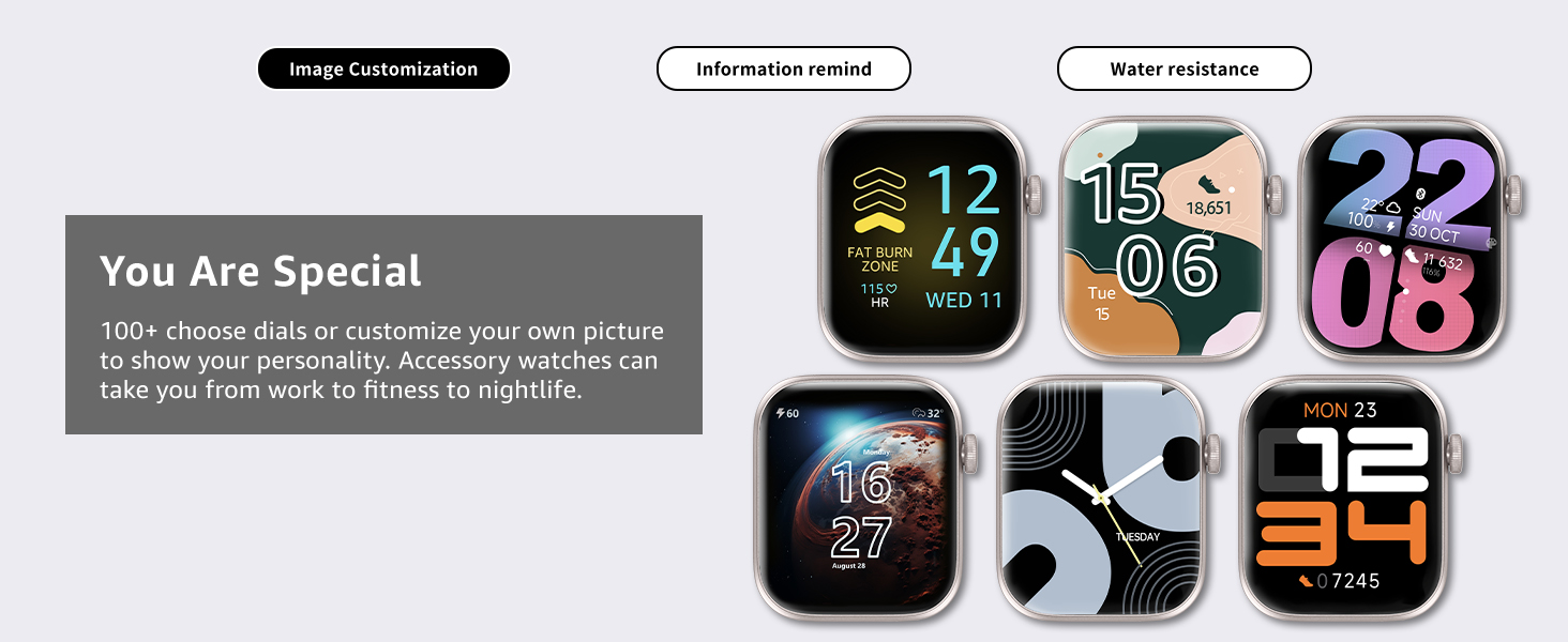 Collection of smartwatch display faces showing different digital time formats and designs against a light background. Multiple watch faces feature numerical displays and modern layouts.