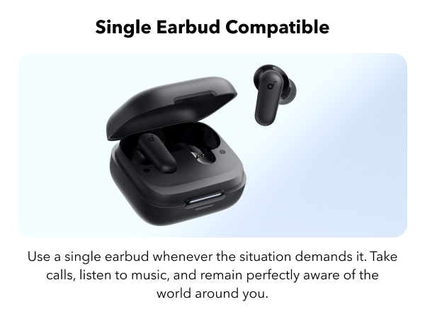 Black wireless earbud next to its open charging case, highlighting single earbud compatibility for calls and music while maintaining environmental awareness.
