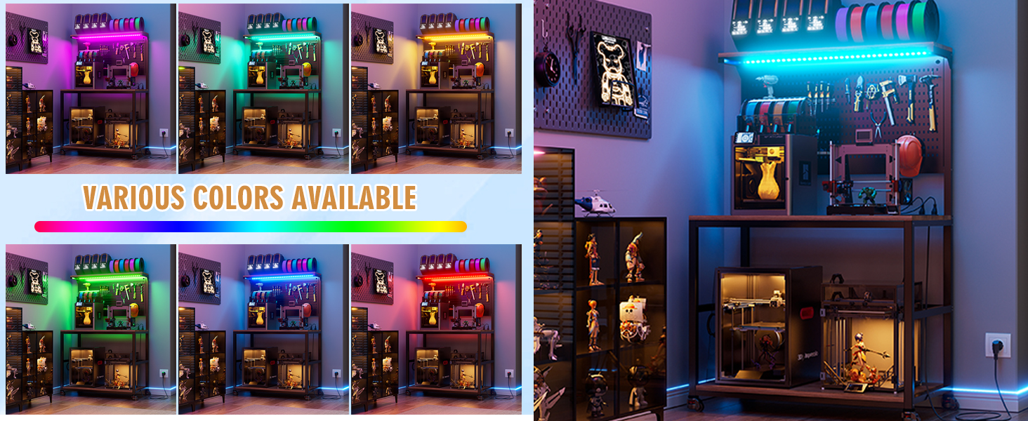 PAKASEPT 3D Printer Stand with Filament Storage Workbench,3D Printer Table with Charging Station & LED Lights,Heavy Duty Rolling Printer Desk with Pegboard for Workshop/Office/Garage, Black 12 3D Printer Table with LED Lights