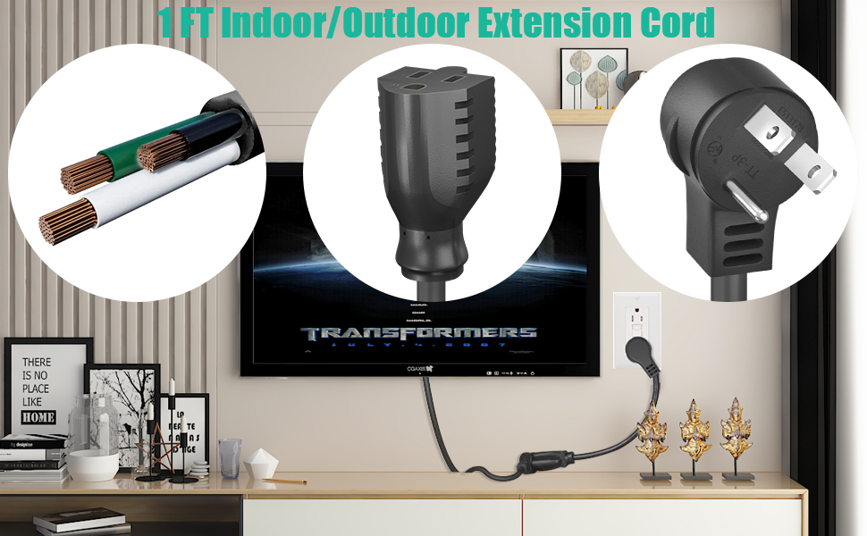 1 Foot Extension Cord, Low Profile Angled Flat Plug, 3 Prong Short Flat Plug Extension Cords