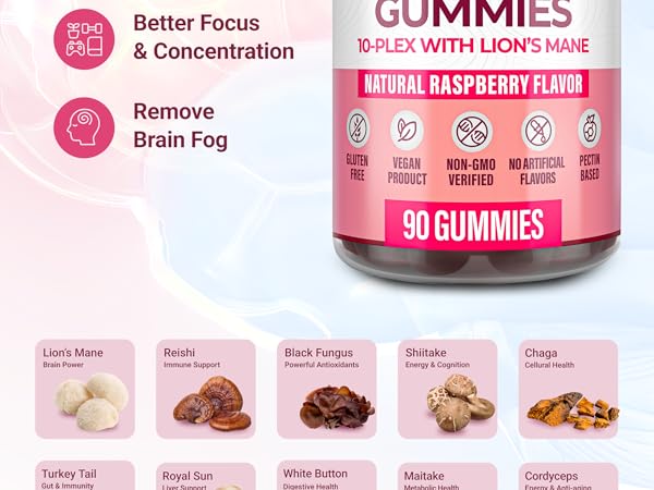 Mushroom Supplement w Lions Mane Nootropic Brain Supplement, Immune Support & Stress Relief 