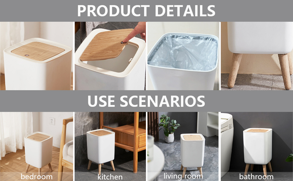 Trash Can with Lid, 7 Liter Square Plastic Garbage Can with Legs