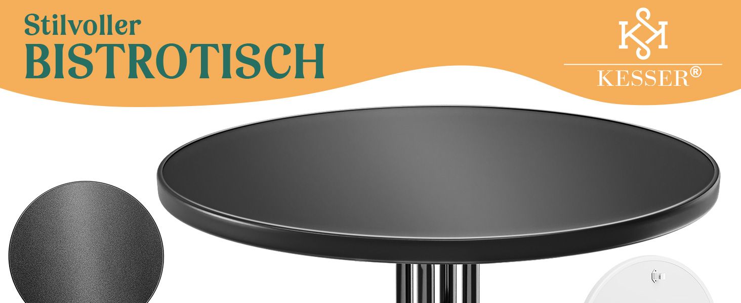 Der Text lautet „Stilvoller BISTROTISCH“ und „KESSER“. Produktpräsentation mit runden schwarzen Bistrotischen in unterschiedlichen Größen und Winkeln.