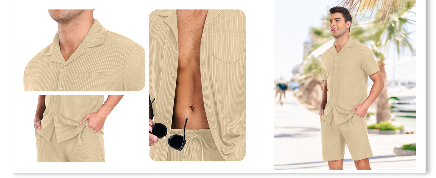 Mens Short Sleeve Outfits 2 Piece Summer Beach Button Down Shirts and Shorts Set Tracksuit