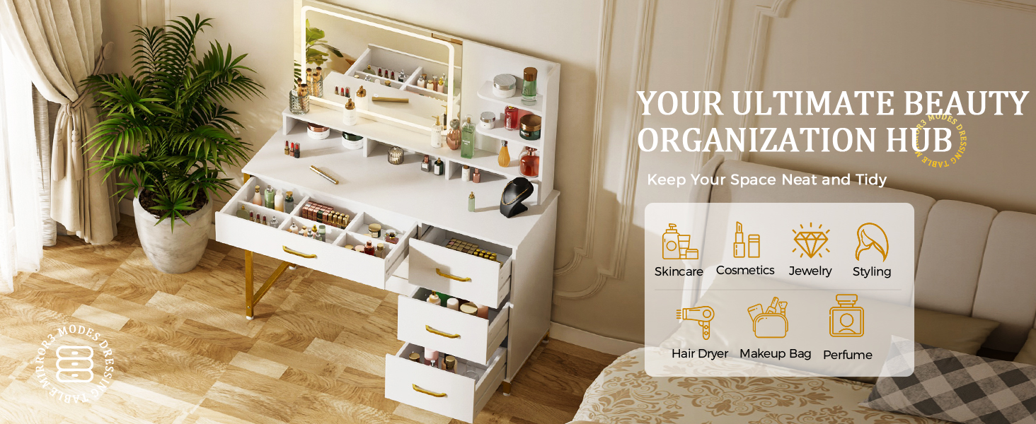 Vanity Desk with Mirror and Lights