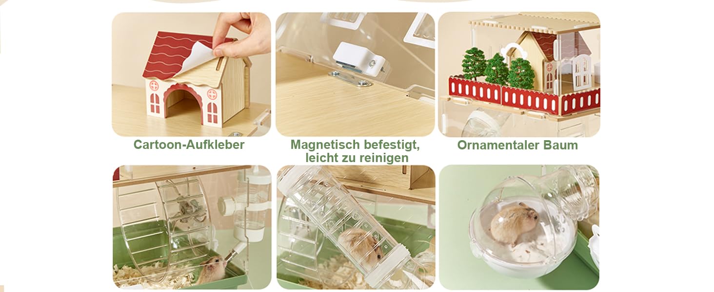 Modulares Spielzeughaus-Set mit magnetischen Teilen, dekorativen Bäumen und Figuren. Zu den Funktionen gehören Cartoon-Aufkleber, leicht zu reinigende Oberflächen und Zierelemente zur individuellen Gestaltung und zum Spielen