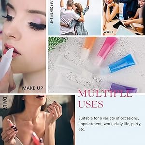 Collage showing various uses of product: applying makeup, working, daily life. Colorful tubes visible, likely makeup or beauty products.