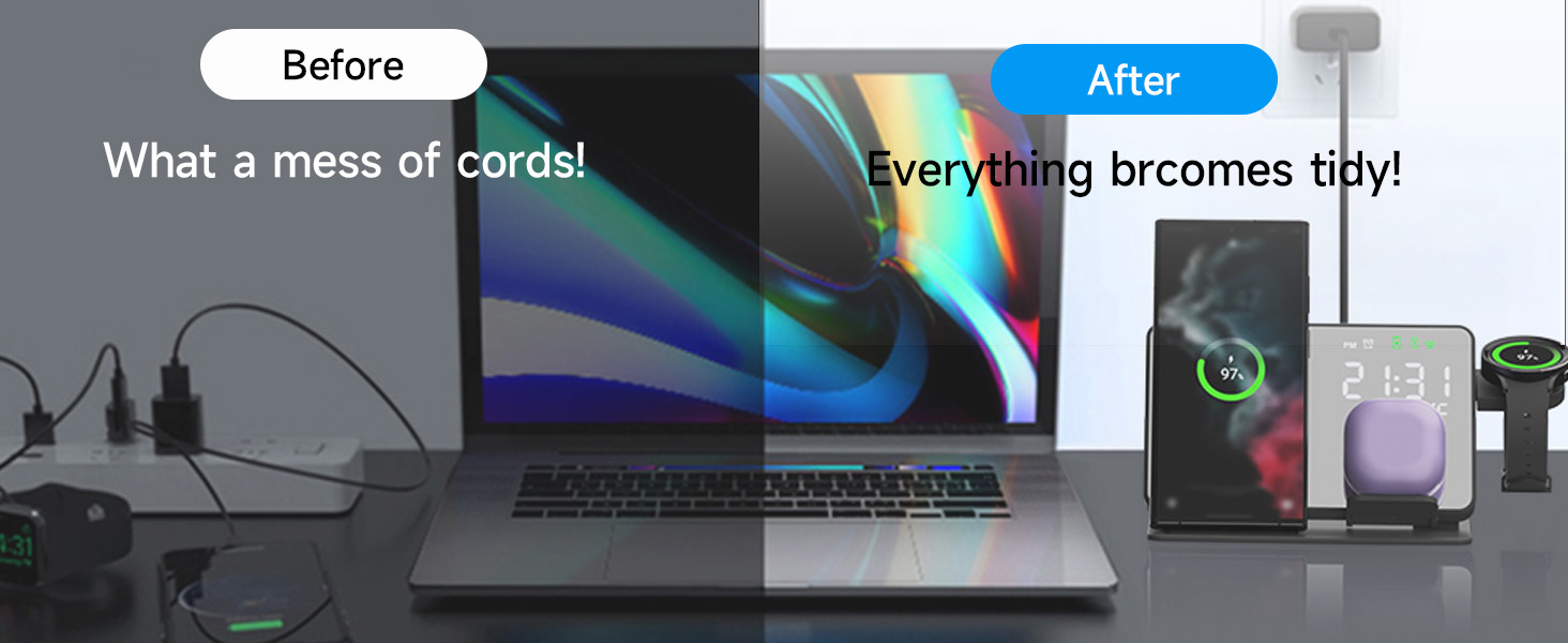 Wireless Charging Station, BRIMFORD 4 in 1 Fast Charging Station with Digital Alarm