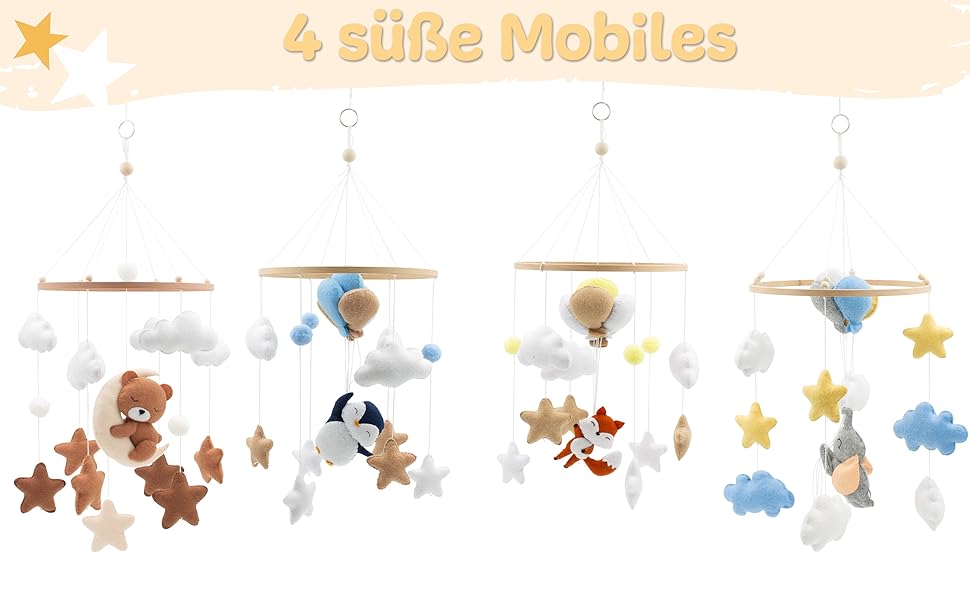 Set aus vier Babyhandys mit hängenden Dekorationselementen wie Teddybären, Sternen, Wolken und Schmetterlingen in Pastellfarben